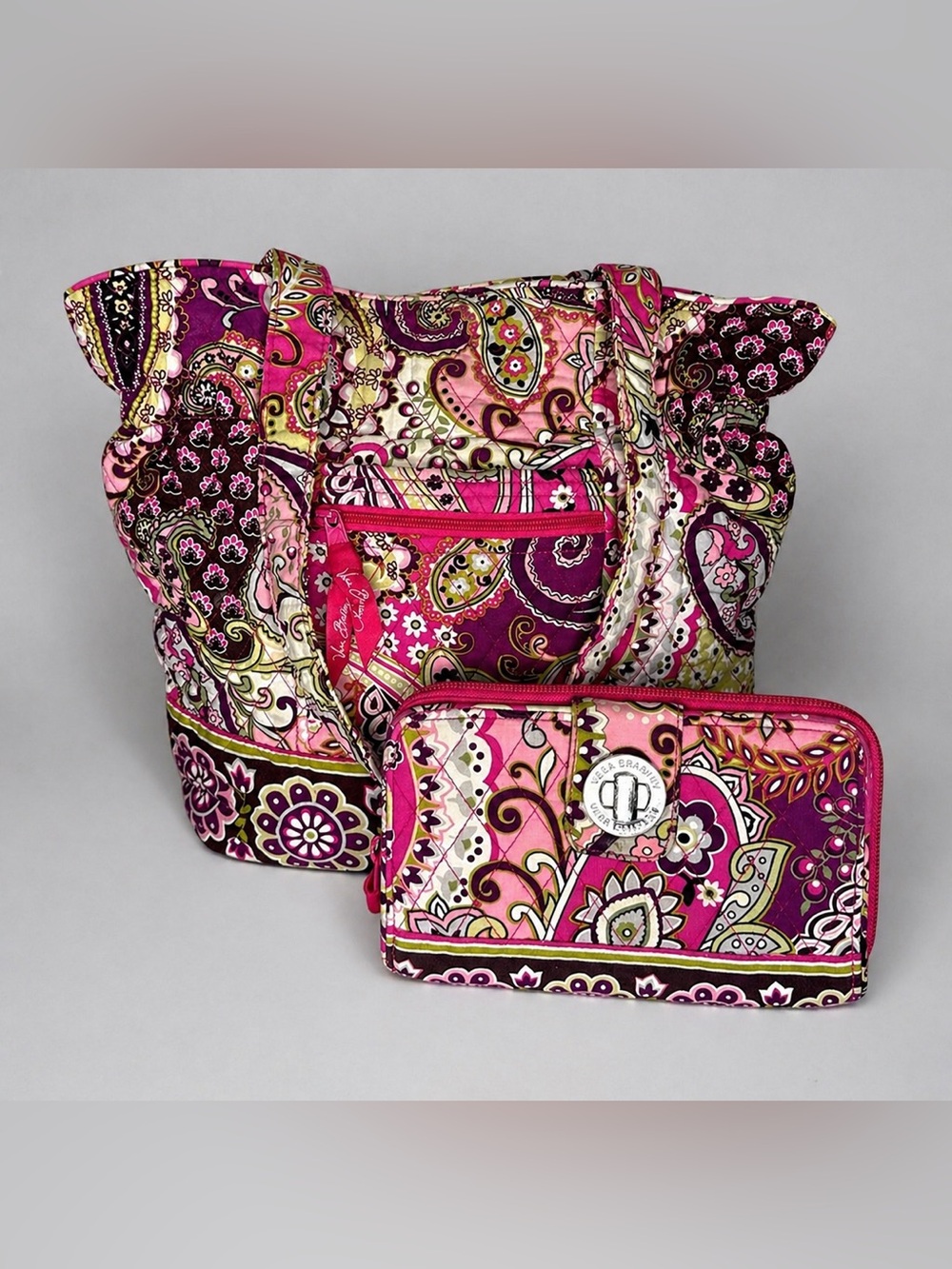 Vera Bradley Pink Purple Paisley Quilted Tote Bag + Matching Wallet Set